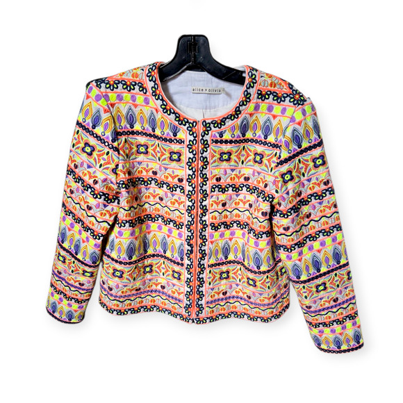 Alice + Olivia Kidman Embroidered Embellished Tweed Box Jacket Size Medium - Picture 1 of 8